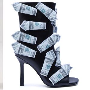 Women’s Black High Heel Open-Toe Boot with $100 Print Accents FINAL PRICE!